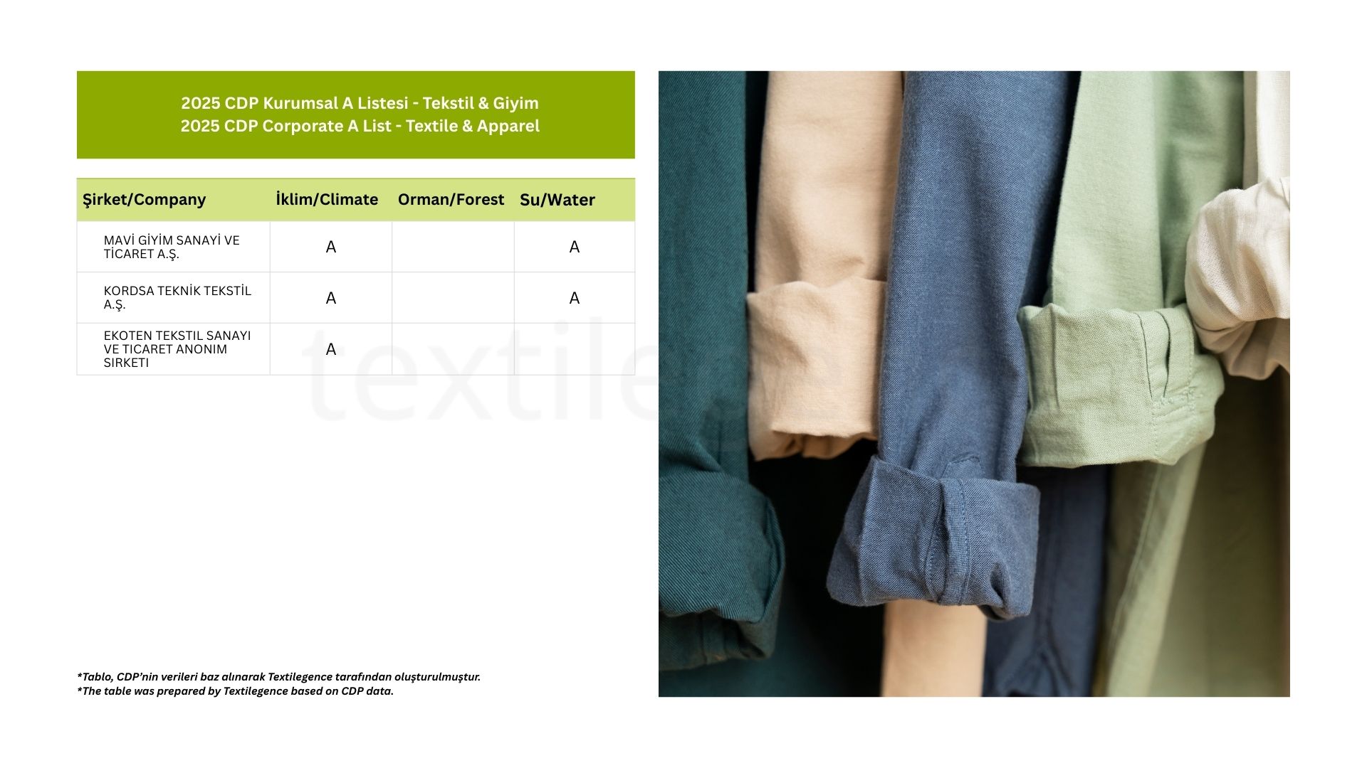 Mavi ve Kordsa İklim Değişikliği ve Su Güvenliği kategorilerinde A puanı alırken, Ekoten Tekstil ise yalnızca İklim Değişikliği kategorisinde A puanı aldı.
